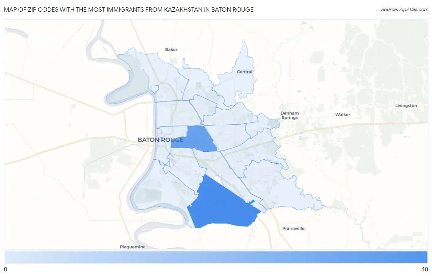 Zip Codes with the Most Immigrants from Kazakhstan in Baton Rouge Map