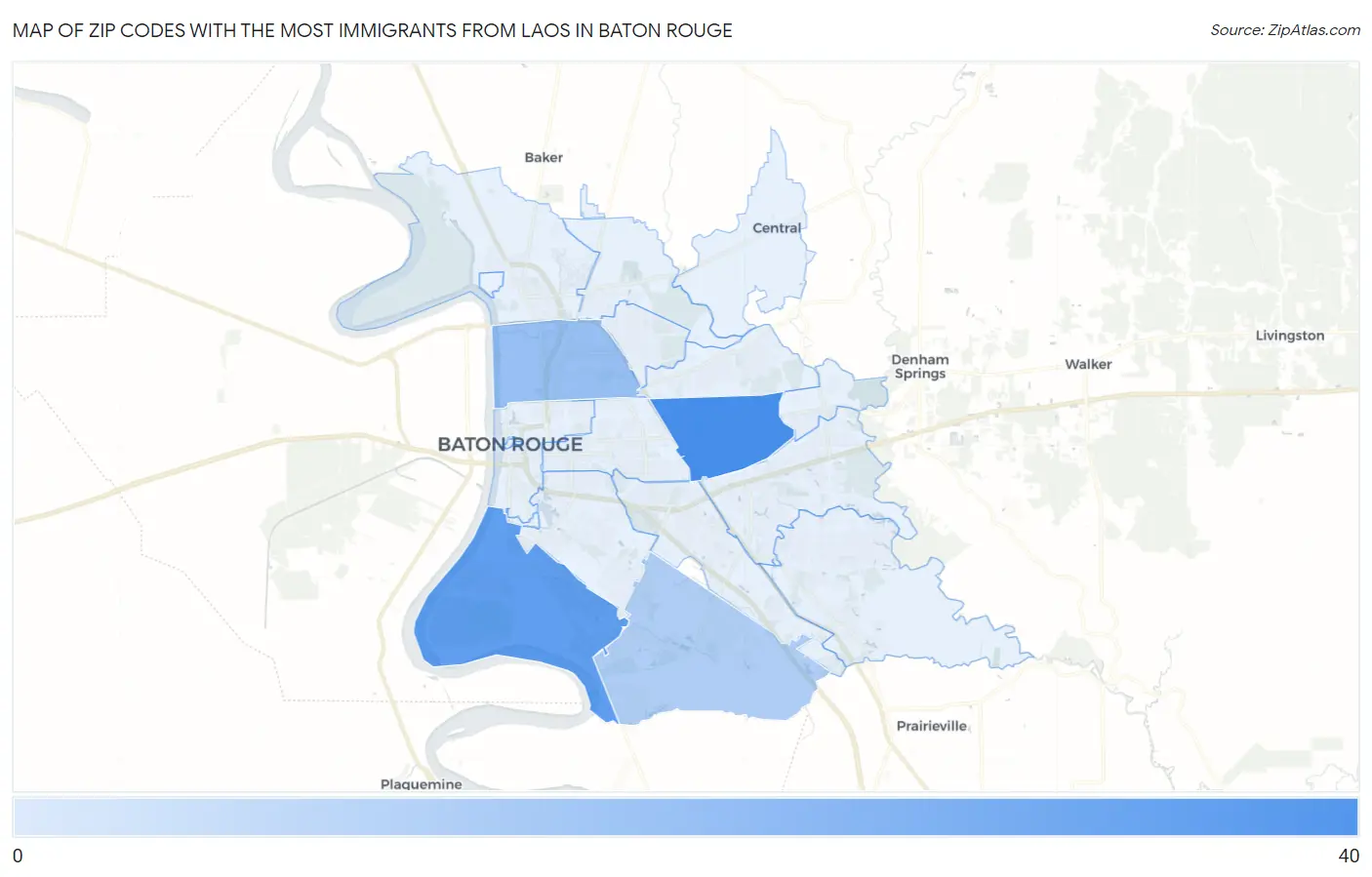 Zip Codes with the Most Immigrants from Laos in Baton Rouge Map
