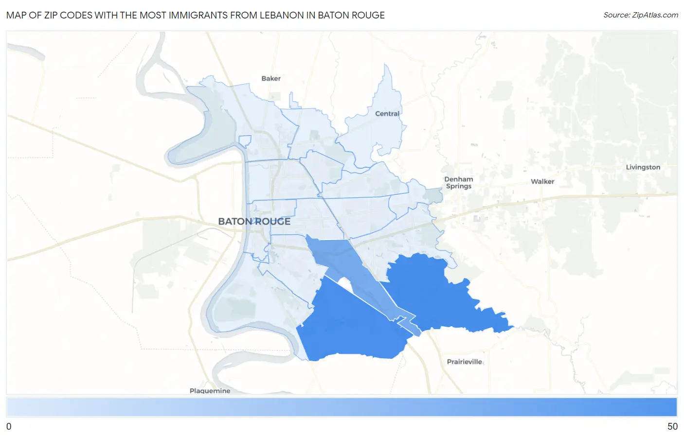 Zip Codes with the Most Immigrants from Lebanon in Baton Rouge Map