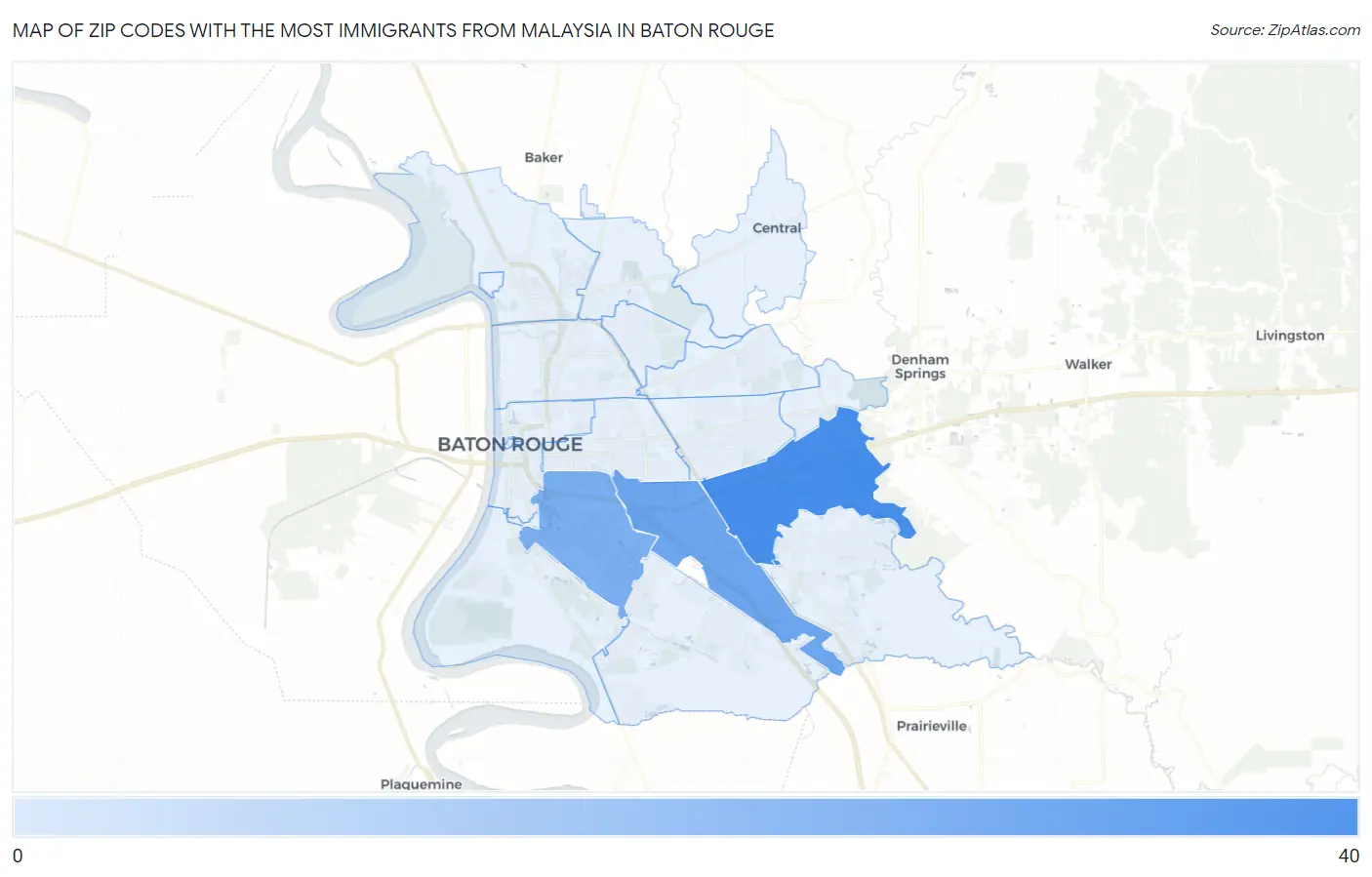 Zip Codes with the Most Immigrants from Malaysia in Baton Rouge Map
