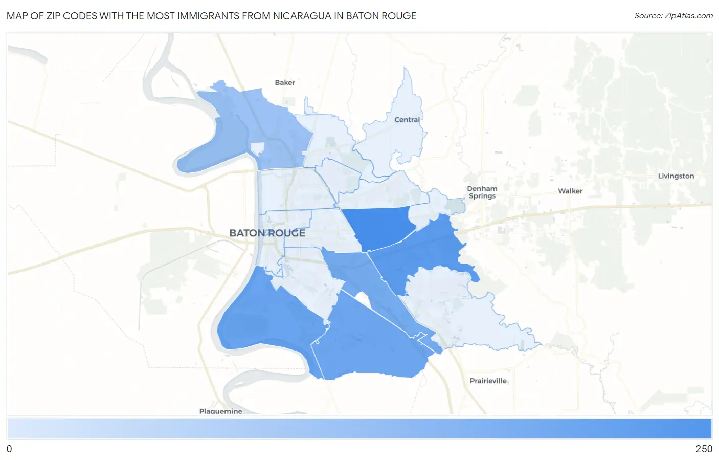 Zip Codes with the Most Immigrants from Nicaragua in Baton Rouge Map