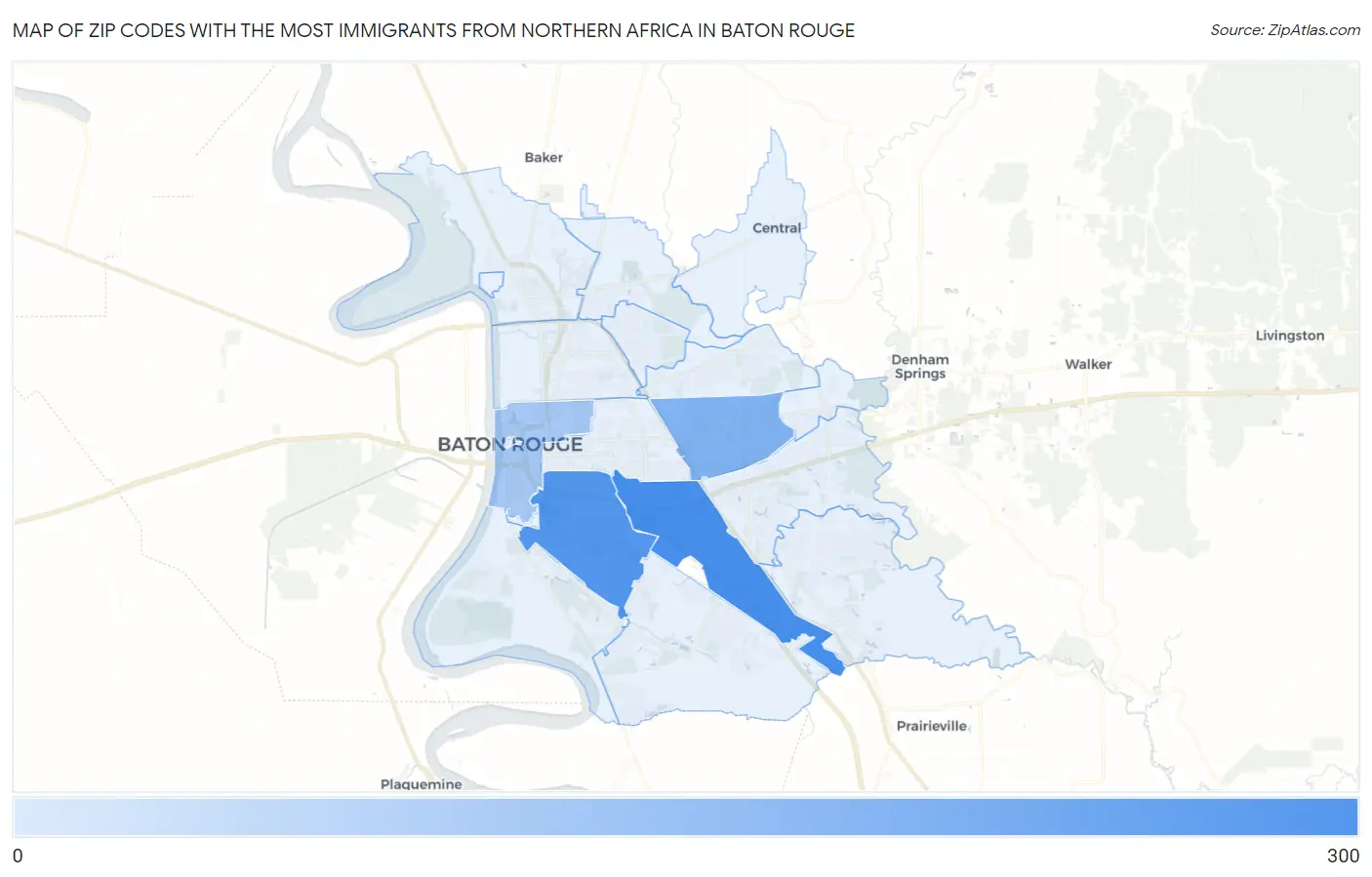 Zip Codes with the Most Immigrants from Northern Africa in Baton Rouge Map
