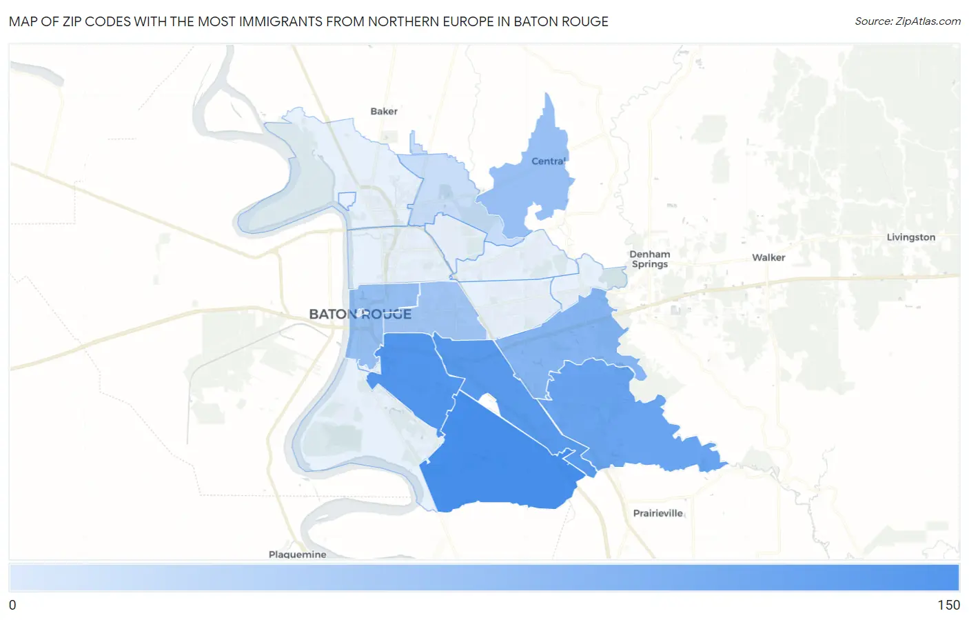 Zip Codes with the Most Immigrants from Northern Europe in Baton Rouge Map