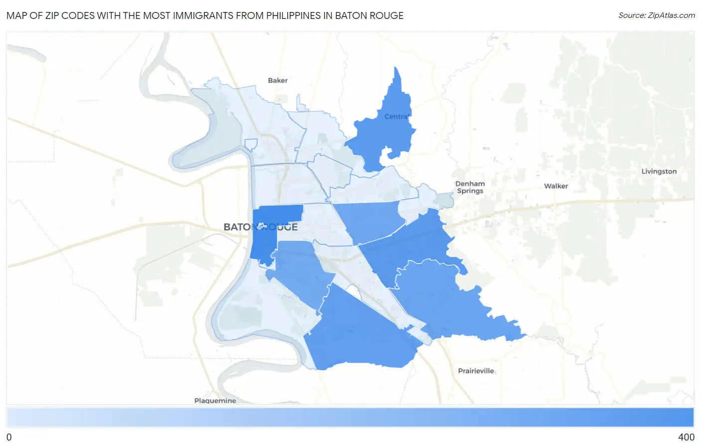 Zip Codes with the Most Immigrants from Philippines in Baton Rouge Map