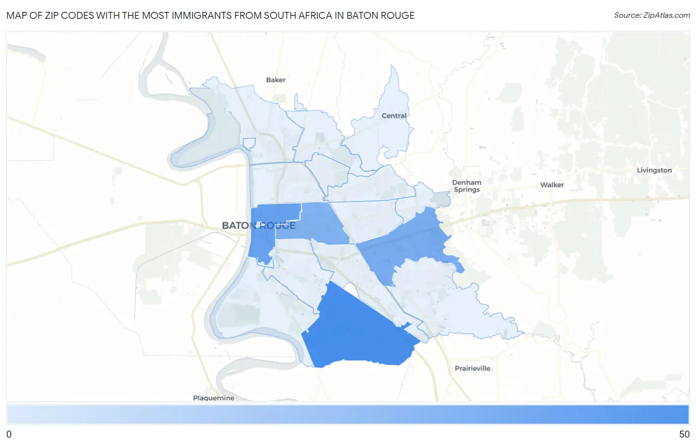 Zip Codes with the Most Immigrants from South Africa in Baton Rouge Map