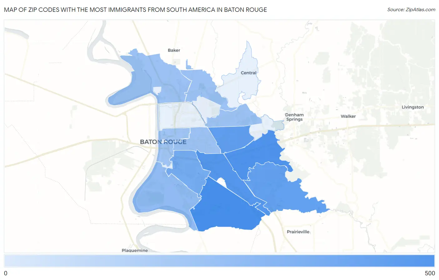 Zip Codes with the Most Immigrants from South America in Baton Rouge Map