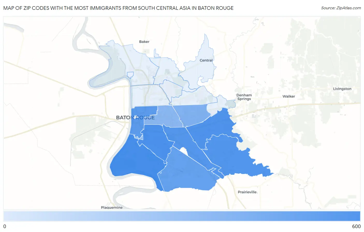 Zip Codes with the Most Immigrants from South Central Asia in Baton Rouge Map