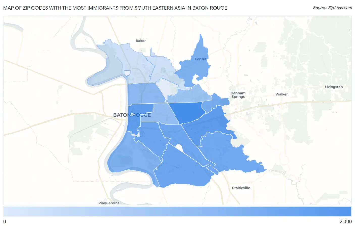 Zip Codes with the Most Immigrants from South Eastern Asia in Baton Rouge Map