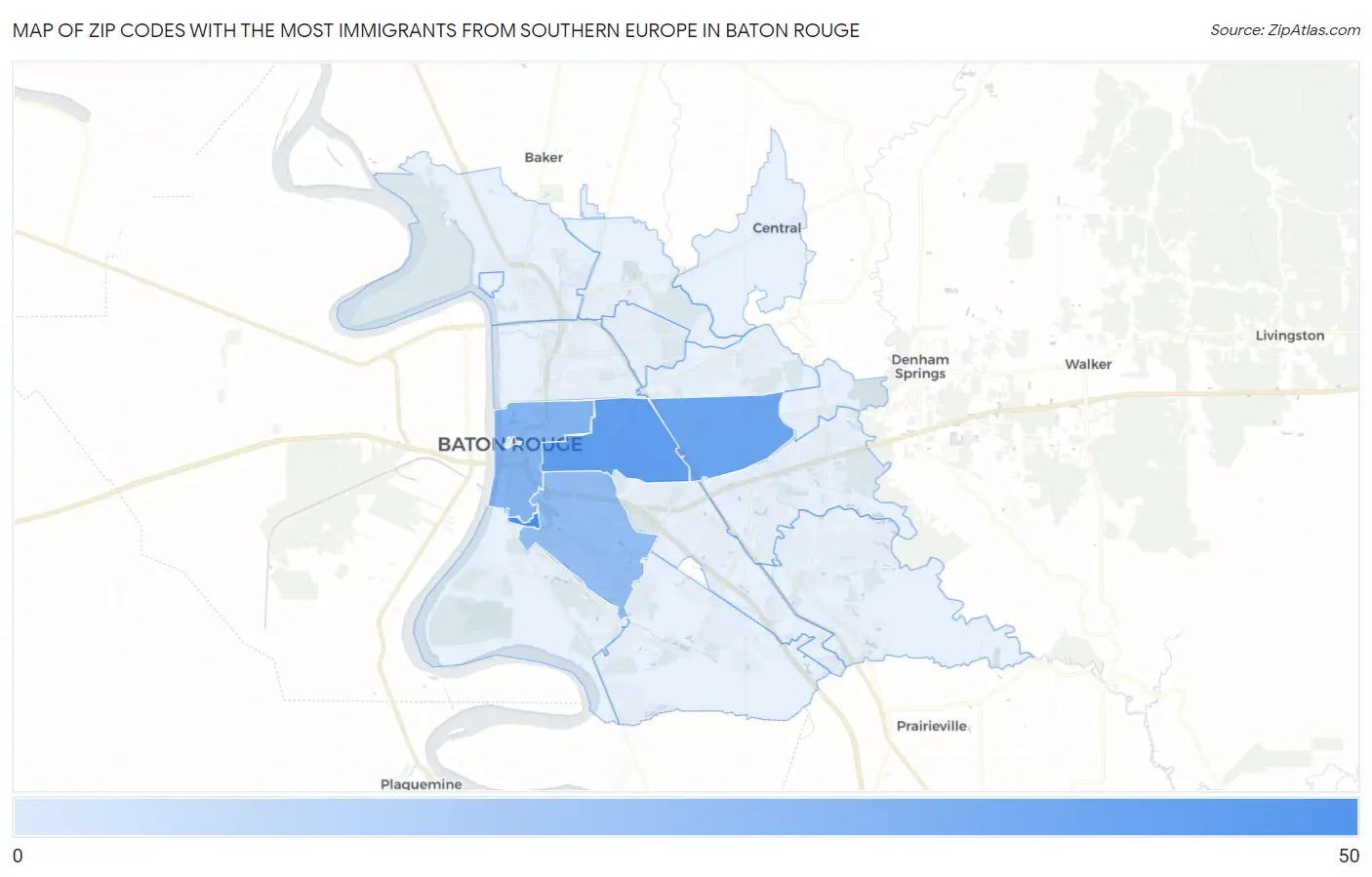 Zip Codes with the Most Immigrants from Southern Europe in Baton Rouge Map