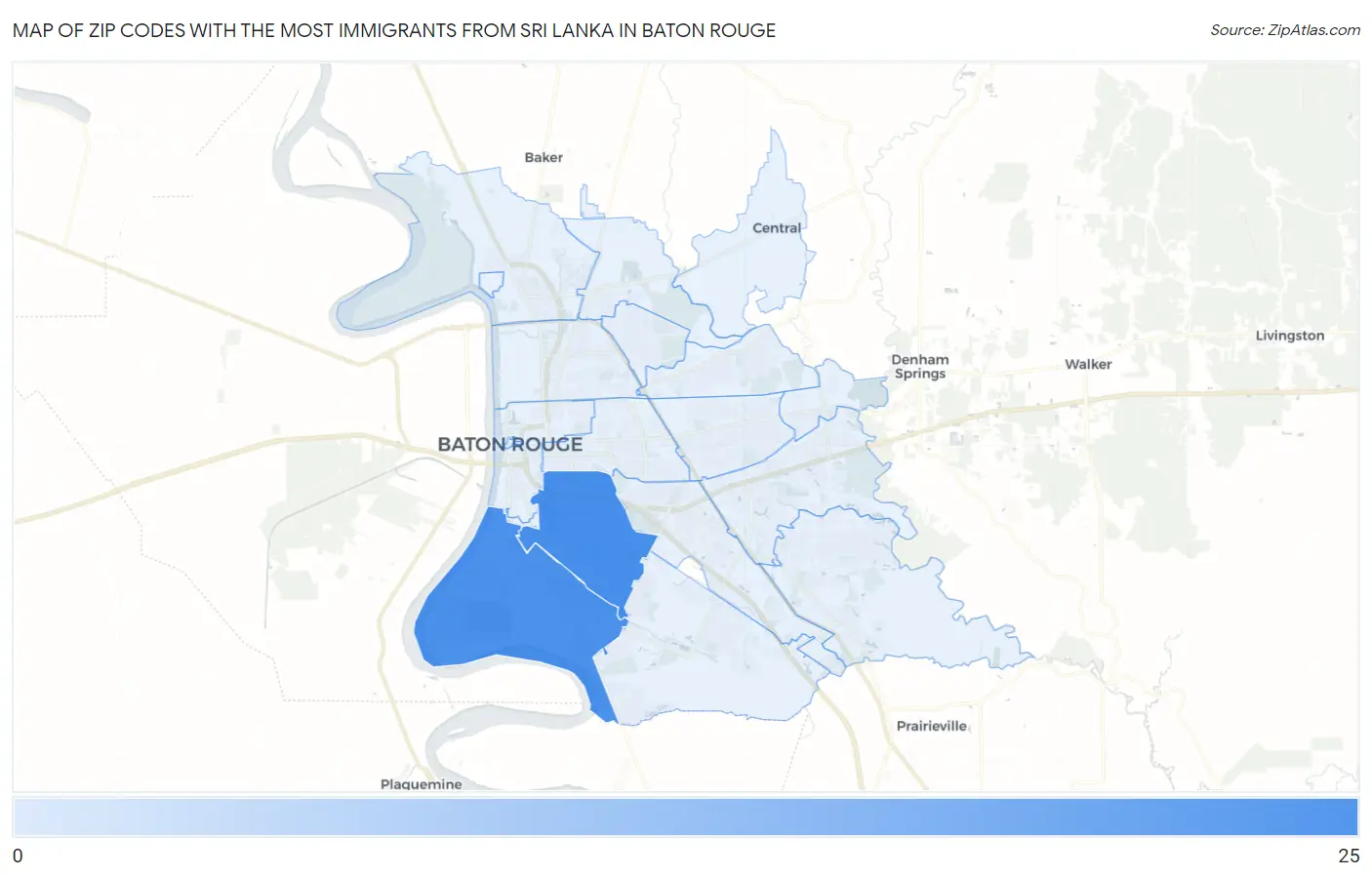 Zip Codes with the Most Immigrants from Sri Lanka in Baton Rouge Map