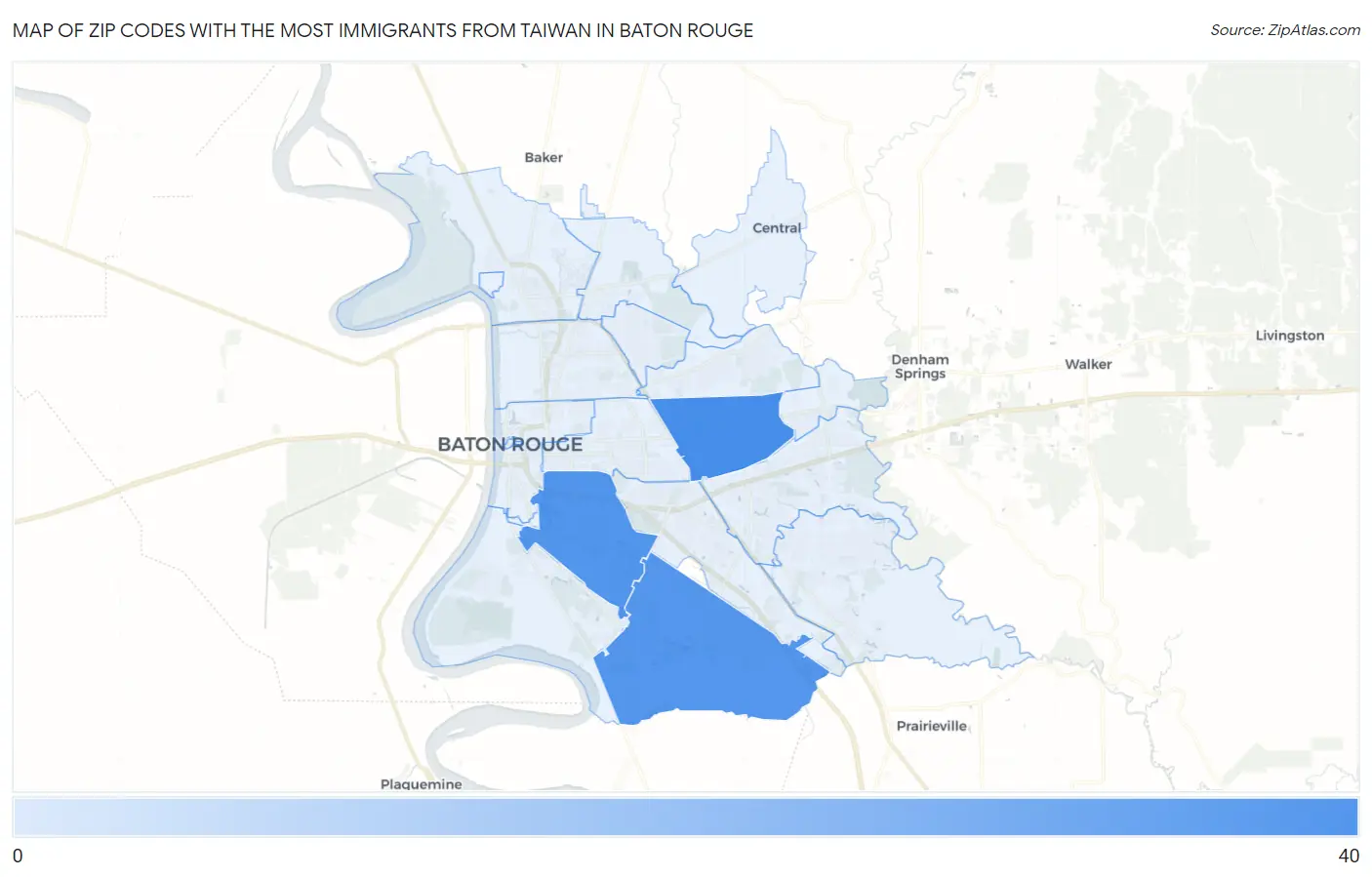Zip Codes with the Most Immigrants from Taiwan in Baton Rouge Map