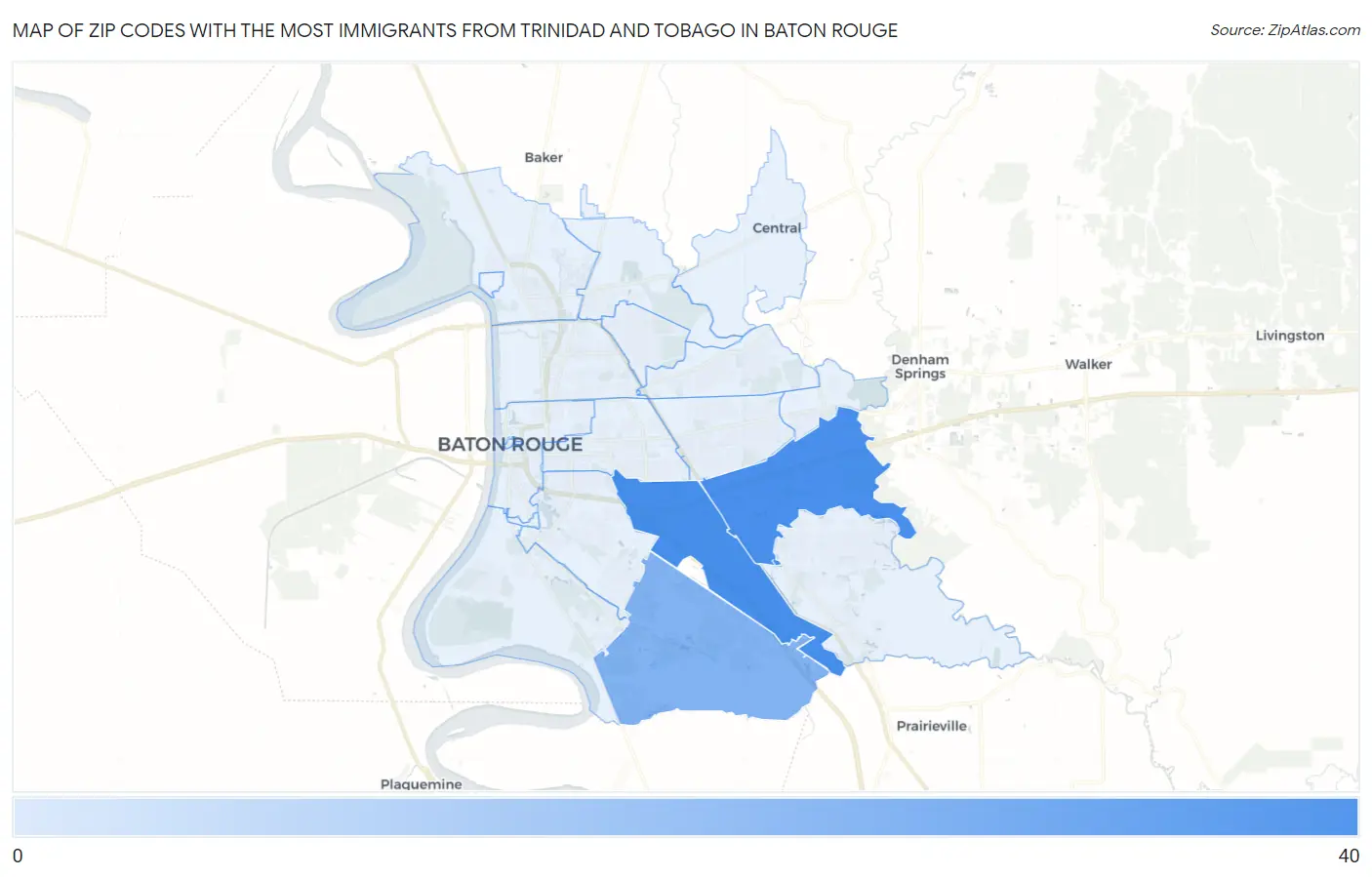 Zip Codes with the Most Immigrants from Trinidad and Tobago in Baton Rouge Map