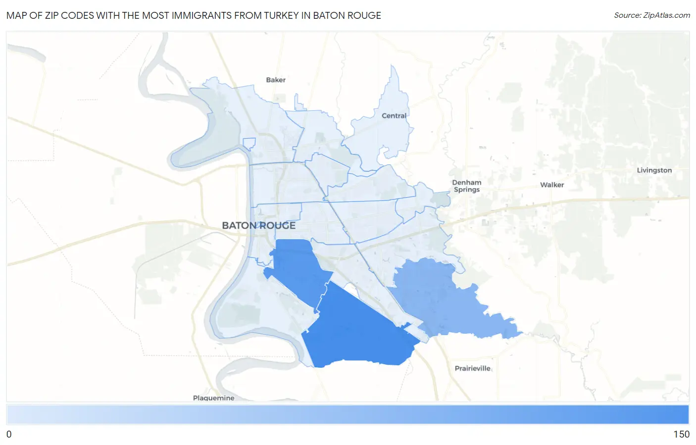 Zip Codes with the Most Immigrants from Turkey in Baton Rouge Map