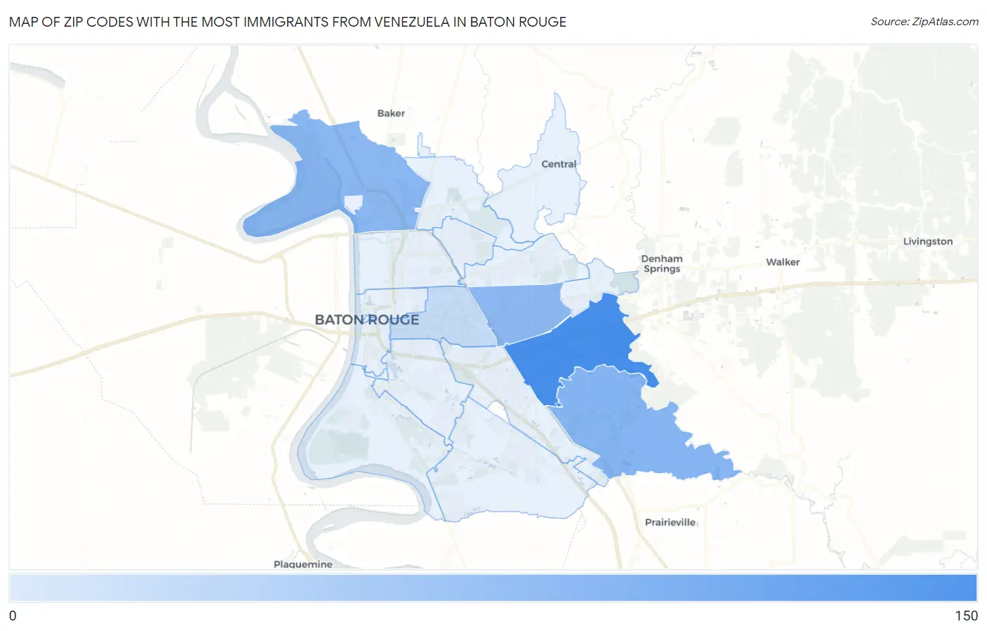 Zip Codes with the Most Immigrants from Venezuela in Baton Rouge Map