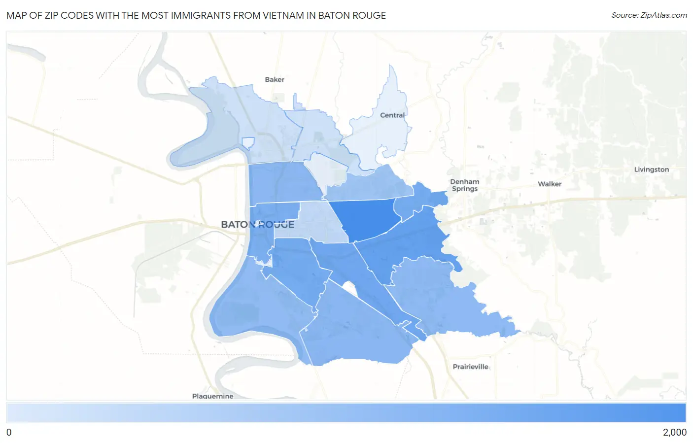 Zip Codes with the Most Immigrants from Vietnam in Baton Rouge Map