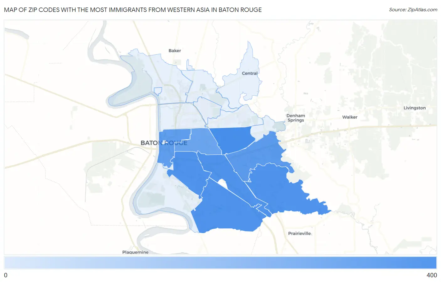Zip Codes with the Most Immigrants from Western Asia in Baton Rouge Map
