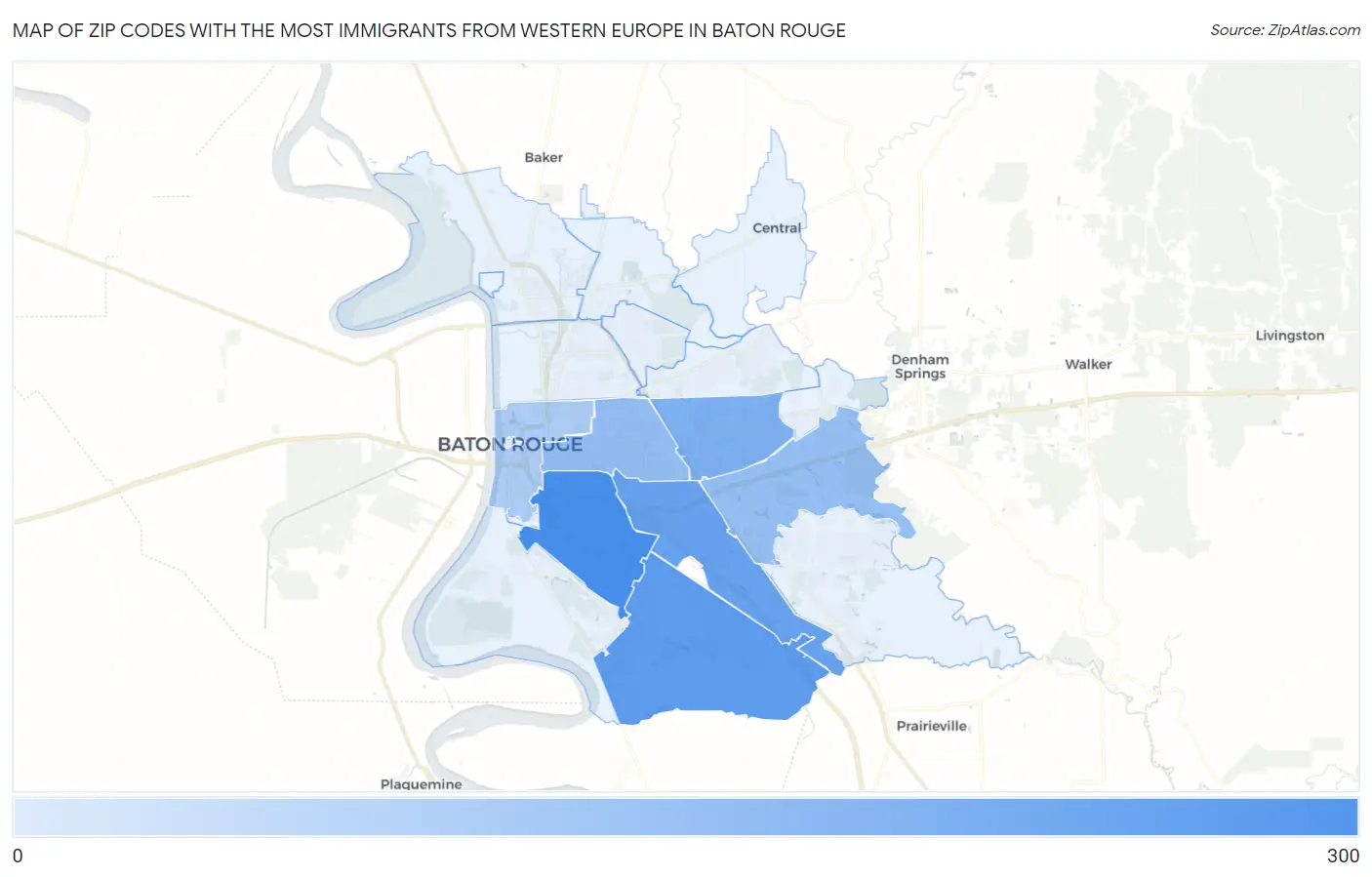 Zip Codes with the Most Immigrants from Western Europe in Baton Rouge Map