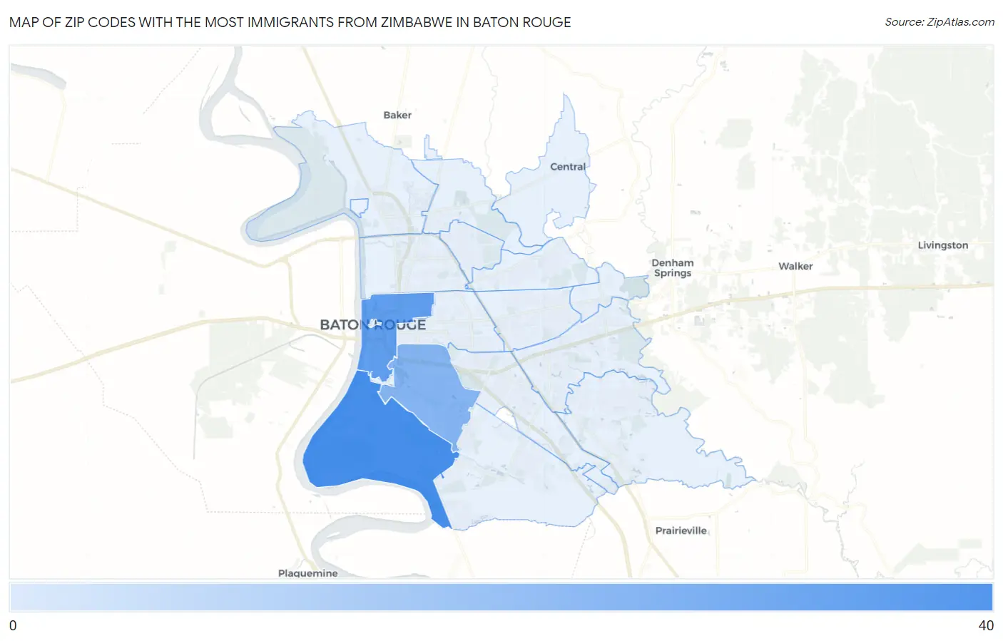 Zip Codes with the Most Immigrants from Zimbabwe in Baton Rouge Map