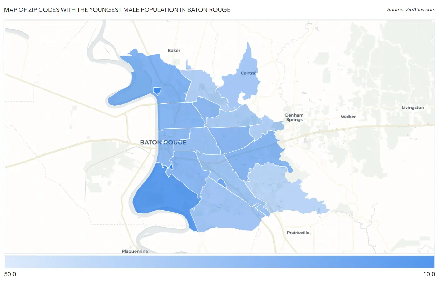 Zip Codes with the Youngest Male Population in Baton Rouge Map