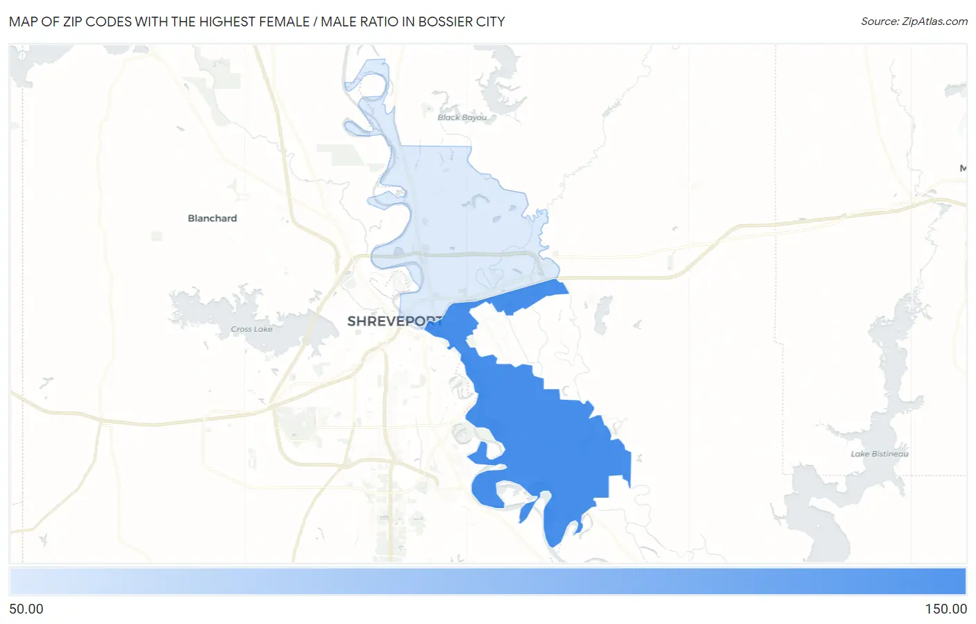 Zip Codes with the Highest Female / Male Ratio in Bossier City Map