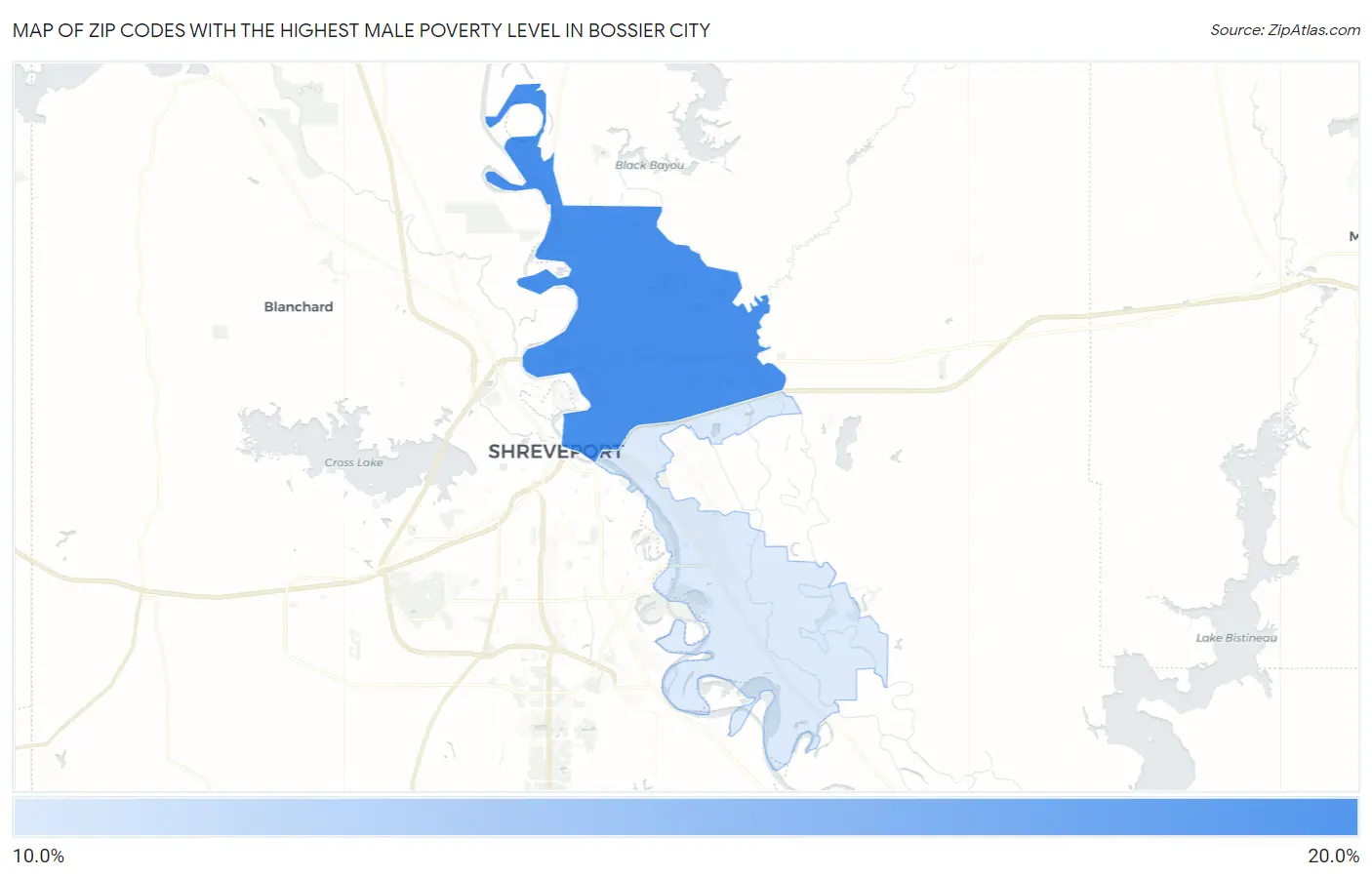 Zip Codes with the Highest Male Poverty Level in Bossier City Map