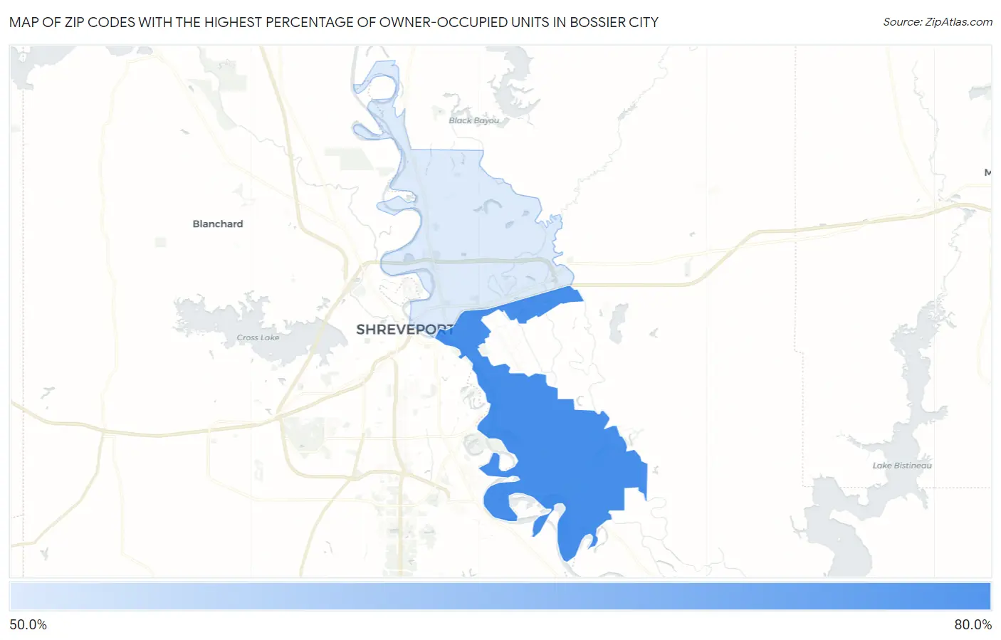Zip Codes with the Highest Percentage of Owner-Occupied Units in Bossier City Map