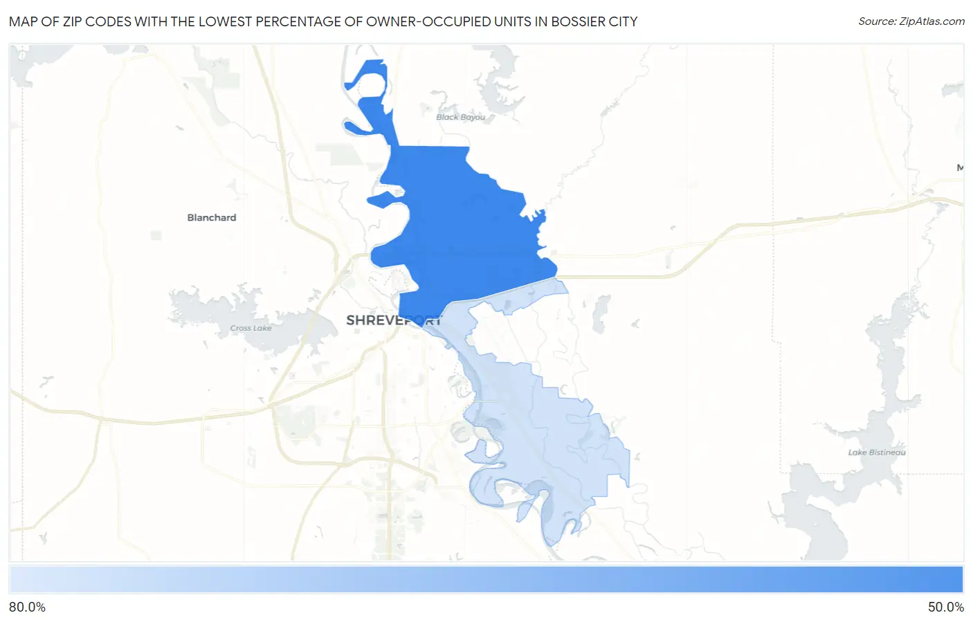 Zip Codes with the Lowest Percentage of Owner-Occupied Units in Bossier City Map