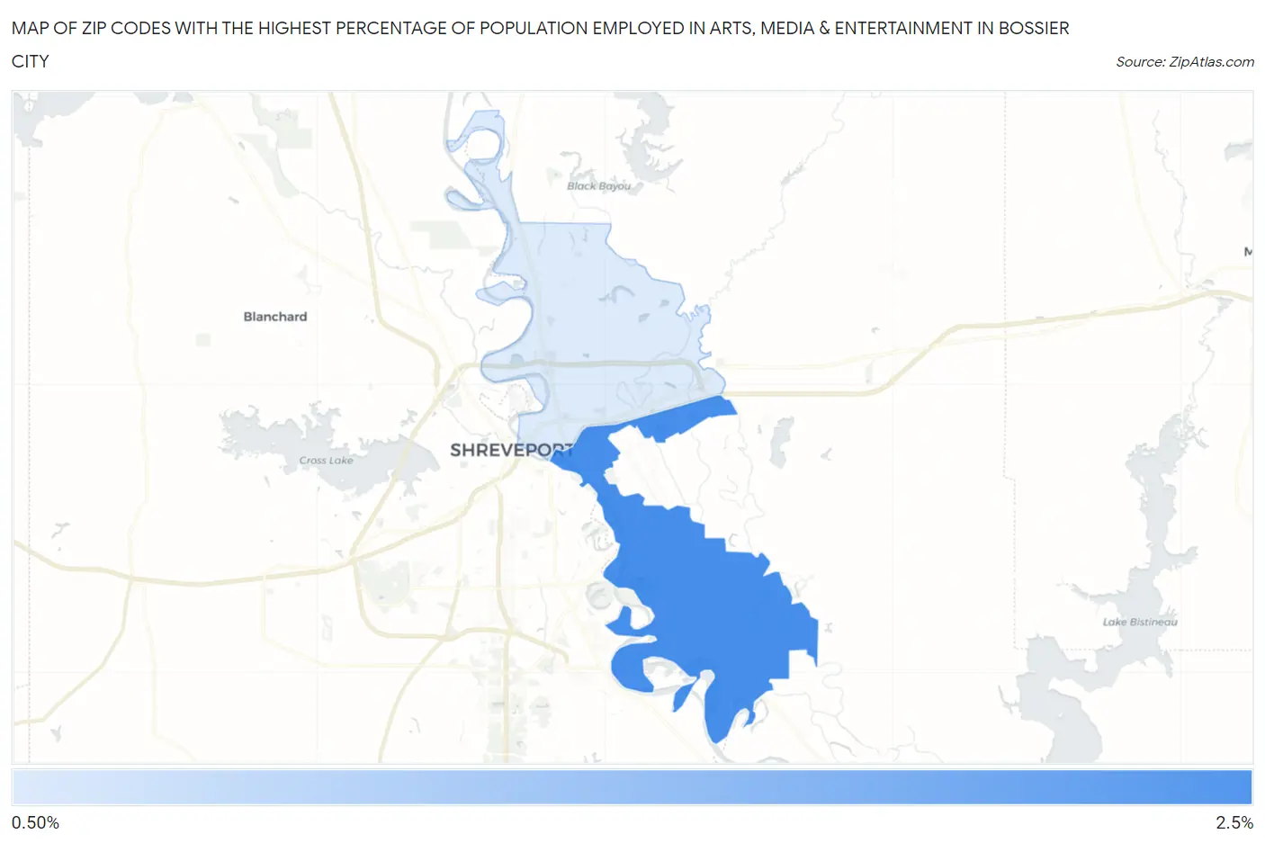 Zip Codes with the Highest Percentage of Population Employed in Arts, Media & Entertainment in Bossier City Map