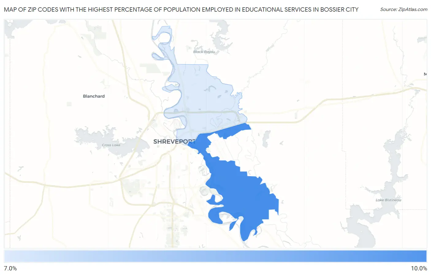 Zip Codes with the Highest Percentage of Population Employed in Educational Services in Bossier City Map