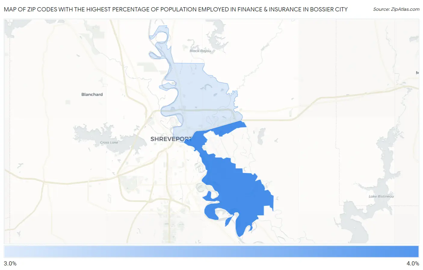 Zip Codes with the Highest Percentage of Population Employed in Finance & Insurance in Bossier City Map
