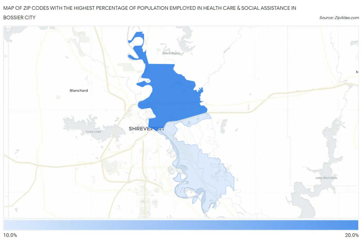Zip Codes with the Highest Percentage of Population Employed in Health Care & Social Assistance in Bossier City Map