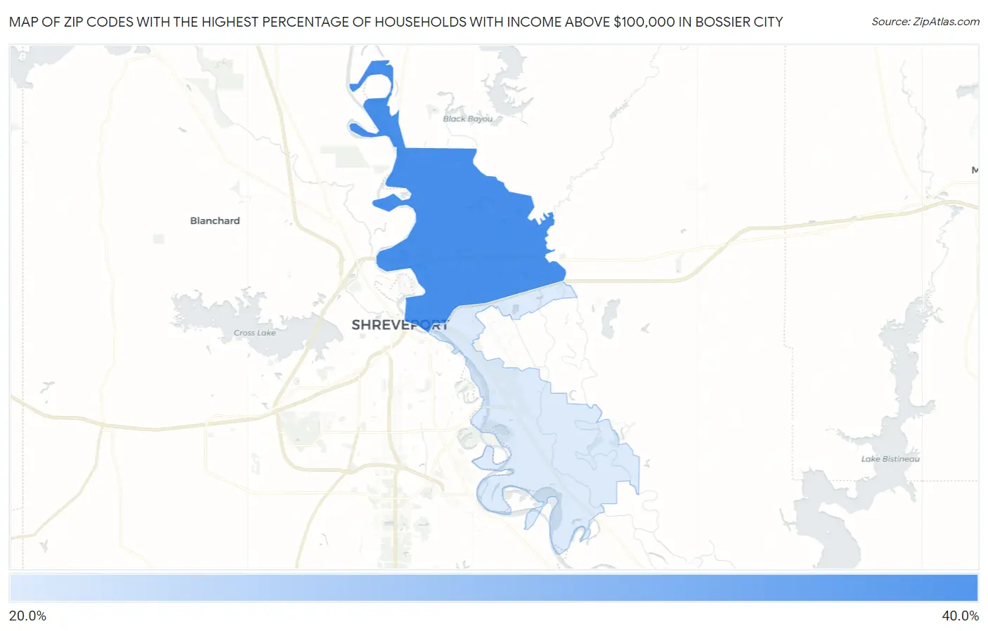 Zip Codes with the Highest Percentage of Households with Income Above $100,000 in Bossier City Map