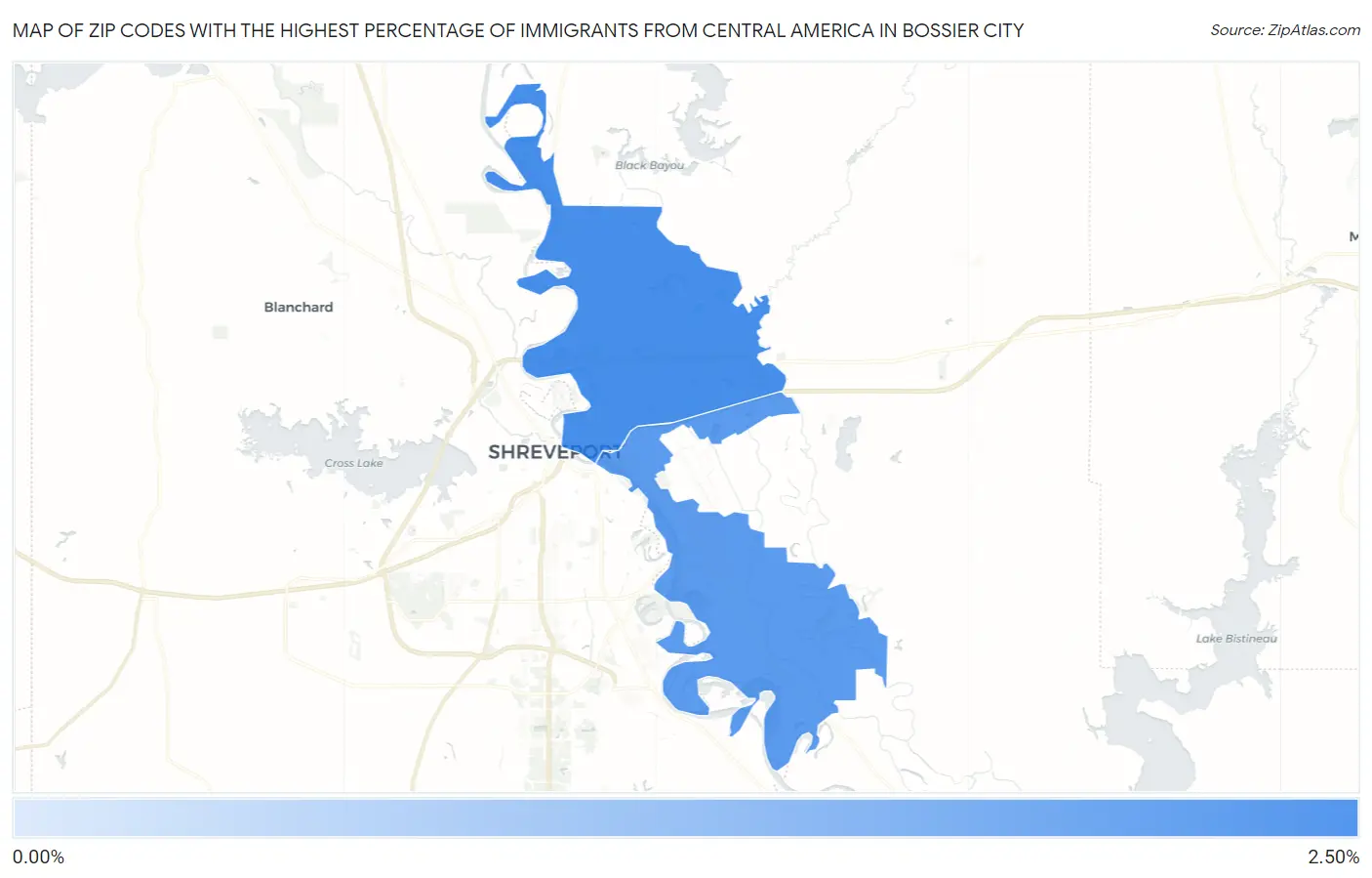 Zip Codes with the Highest Percentage of Immigrants from Central America in Bossier City Map