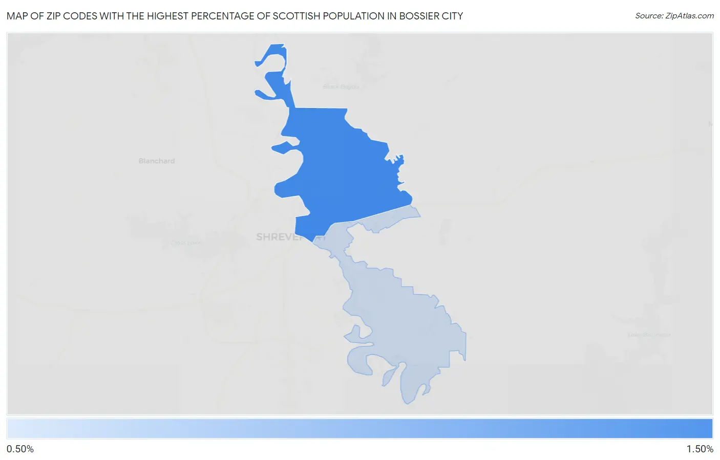 Zip Codes with the Highest Percentage of Scottish Population in Bossier City Map