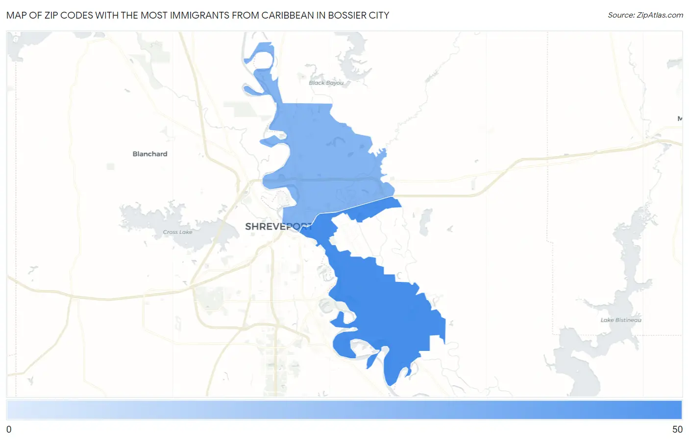 Zip Codes with the Most Immigrants from Caribbean in Bossier City Map
