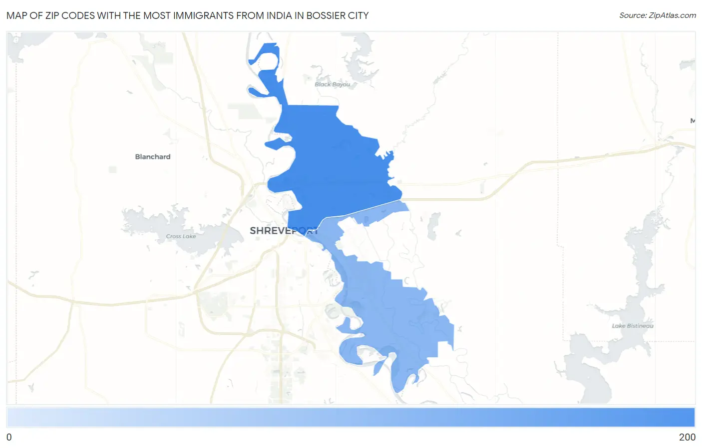 Zip Codes with the Most Immigrants from India in Bossier City Map