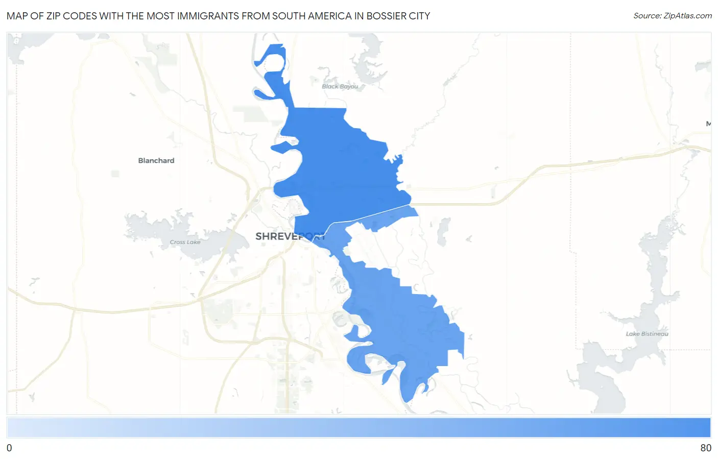 Zip Codes with the Most Immigrants from South America in Bossier City Map