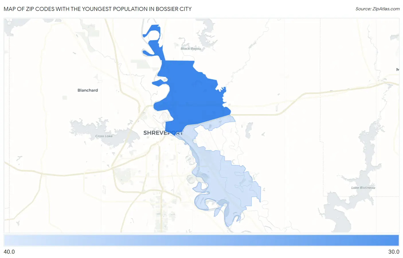 Zip Codes with the Youngest Population in Bossier City Map