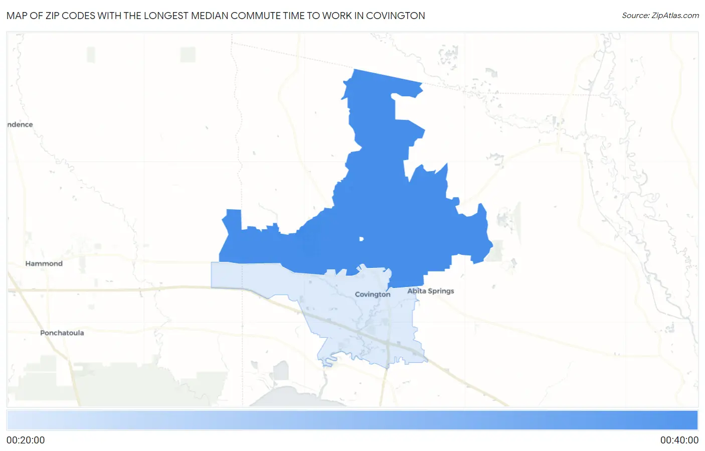 Zip Codes with the Longest Median Commute Time to Work in Covington Map