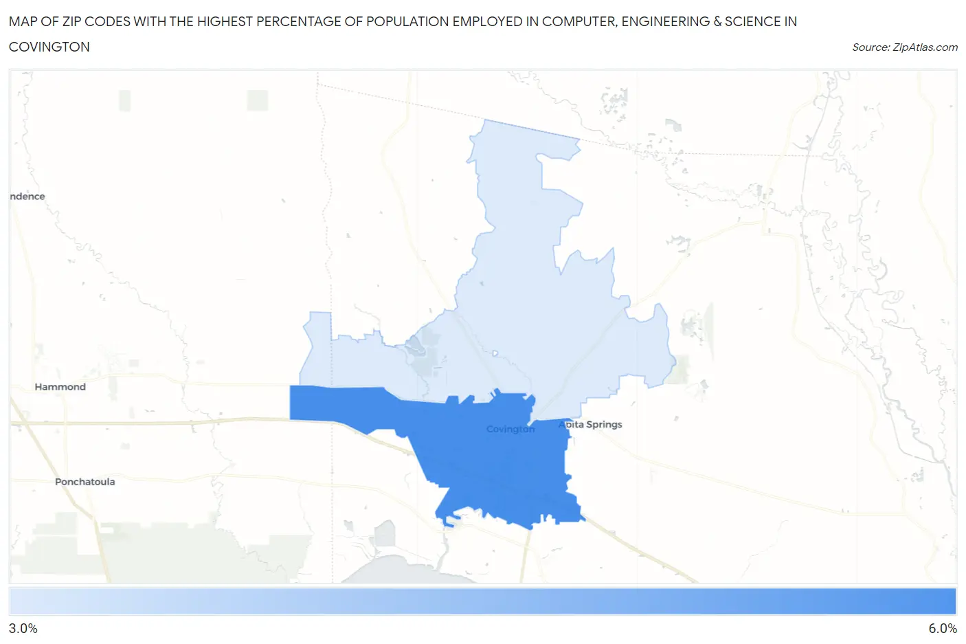 Zip Codes with the Highest Percentage of Population Employed in Computer, Engineering & Science in Covington Map