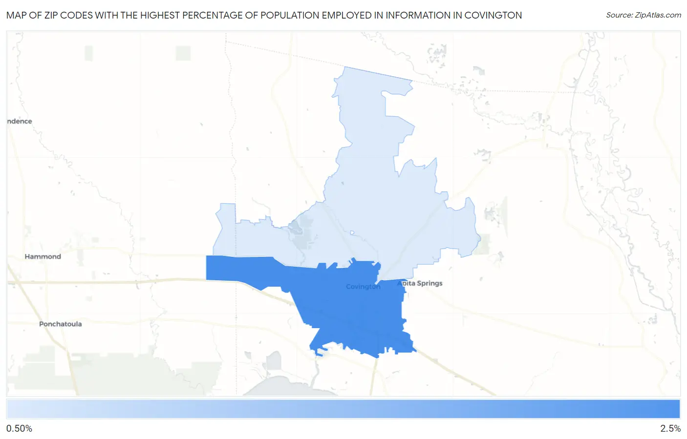 Zip Codes with the Highest Percentage of Population Employed in Information in Covington Map