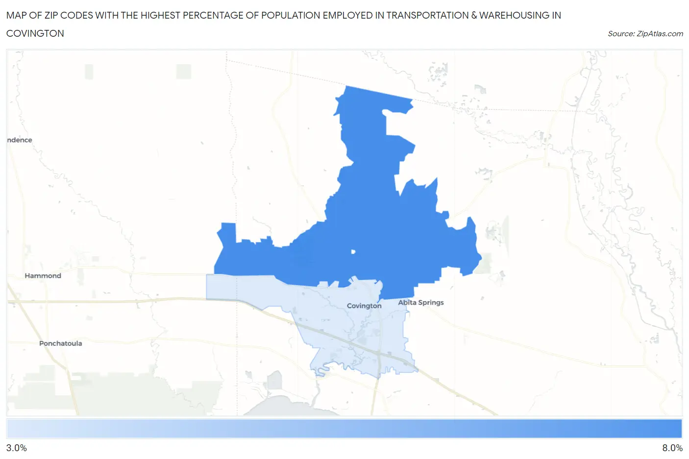 Zip Codes with the Highest Percentage of Population Employed in Transportation & Warehousing in Covington Map
