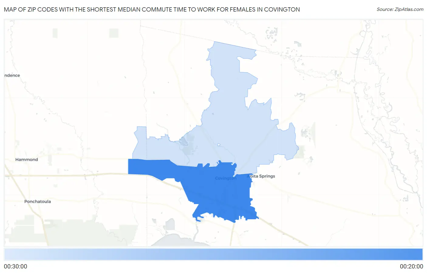 Zip Codes with the Shortest Median Commute Time to Work for Females in Covington Map