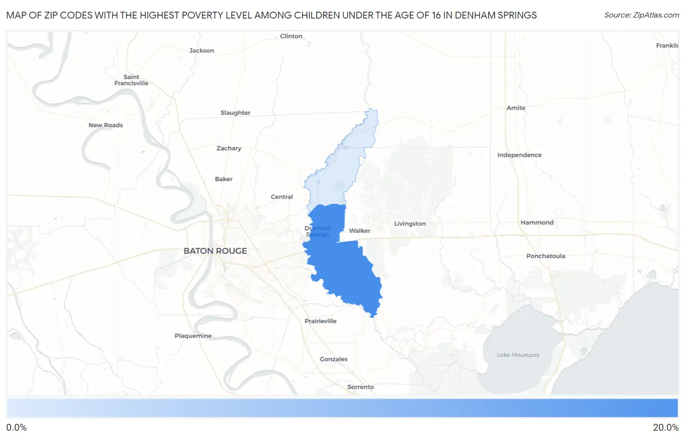 Zip Codes with the Highest Poverty Level Among Children Under the Age of 16 in Denham Springs Map