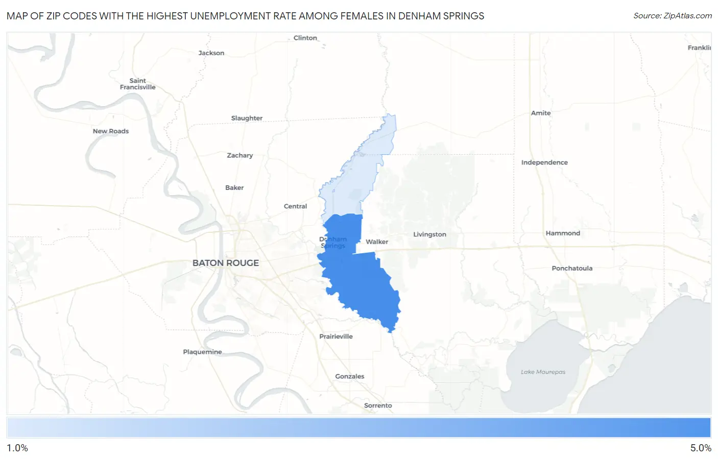 Zip Codes with the Highest Unemployment Rate Among Females in Denham Springs Map