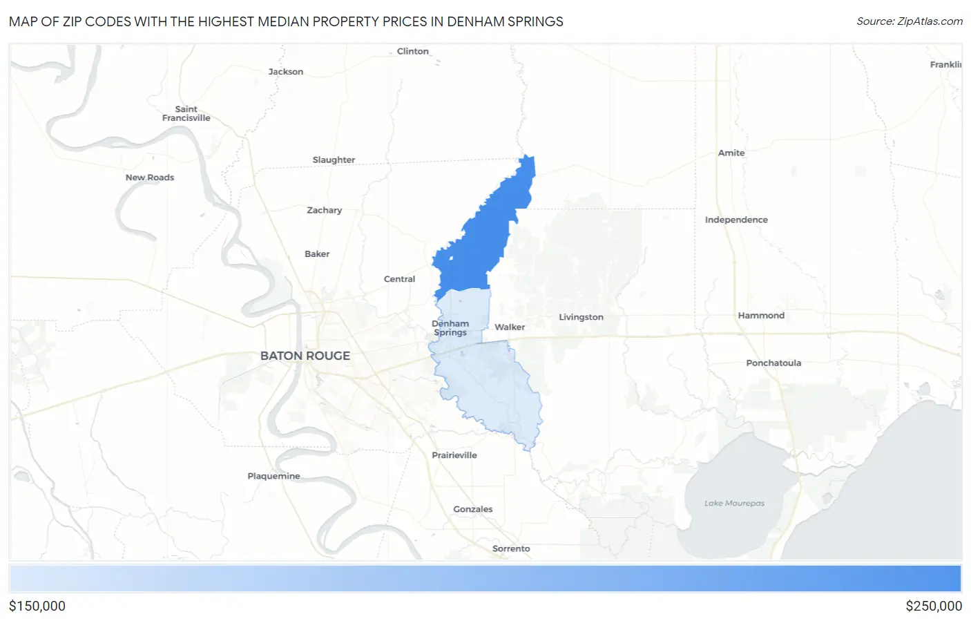 Zip Codes with the Highest Median Property Prices in Denham Springs Map