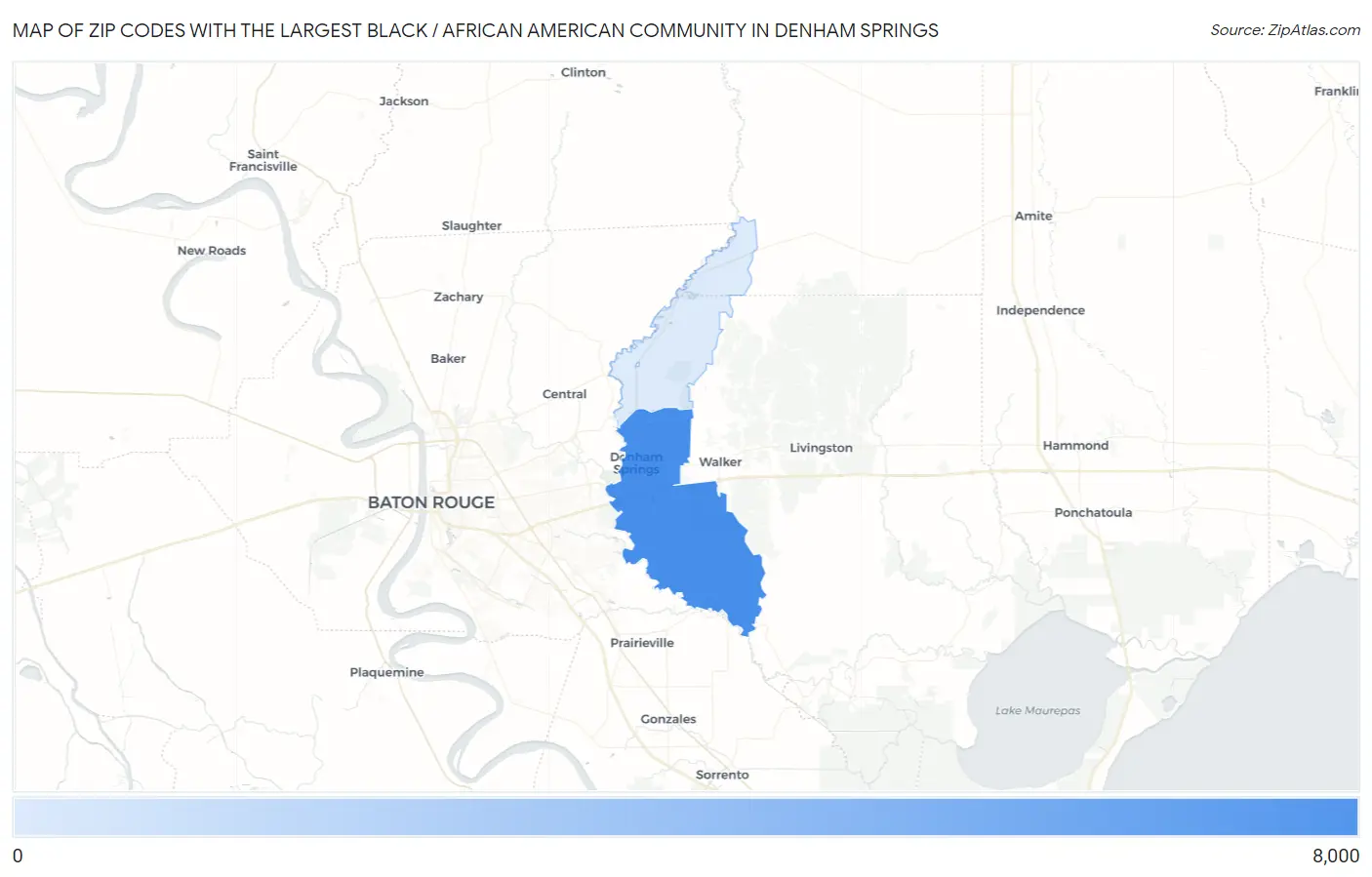 Zip Codes with the Largest Black / African American Community in Denham Springs Map