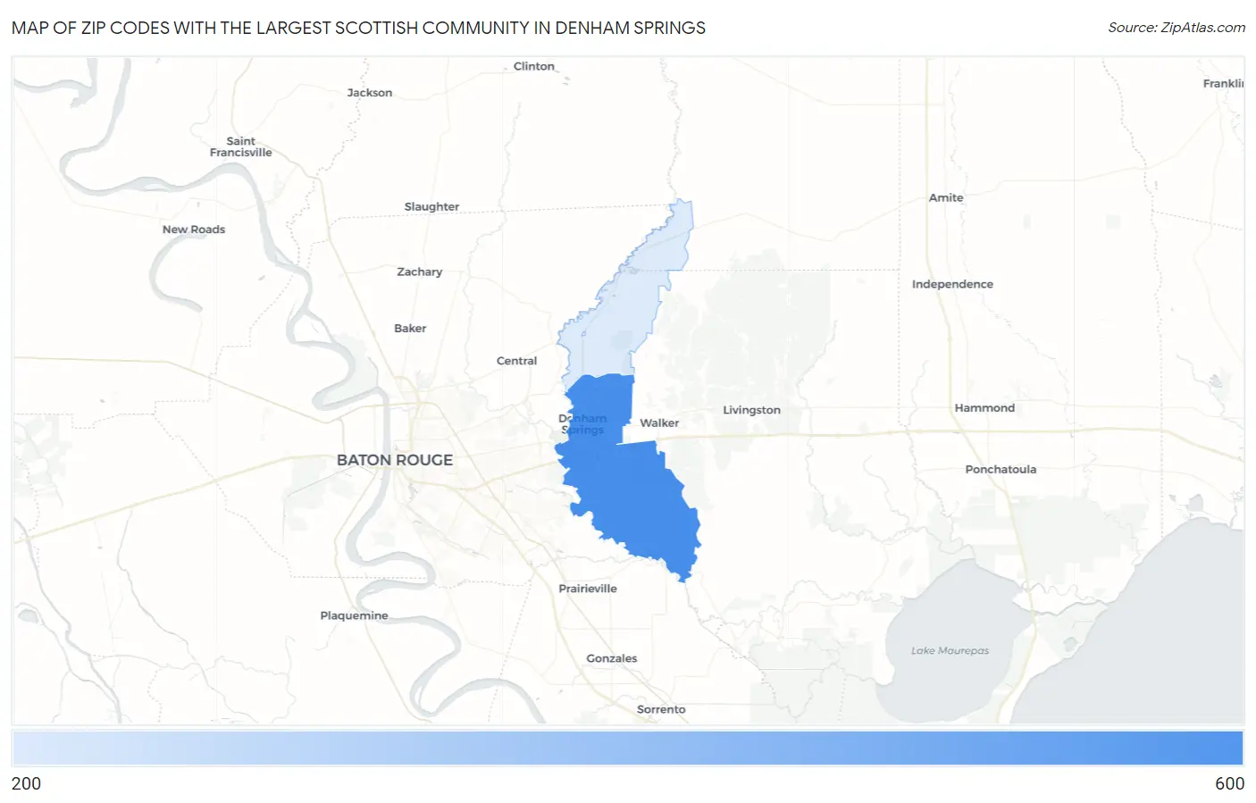 Zip Codes with the Largest Scottish Community in Denham Springs Map