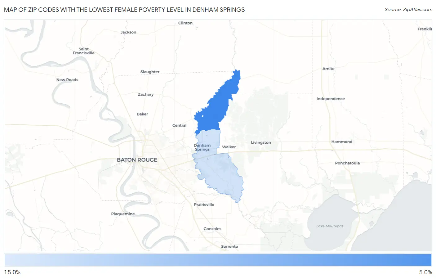 Zip Codes with the Lowest Female Poverty Level in Denham Springs Map