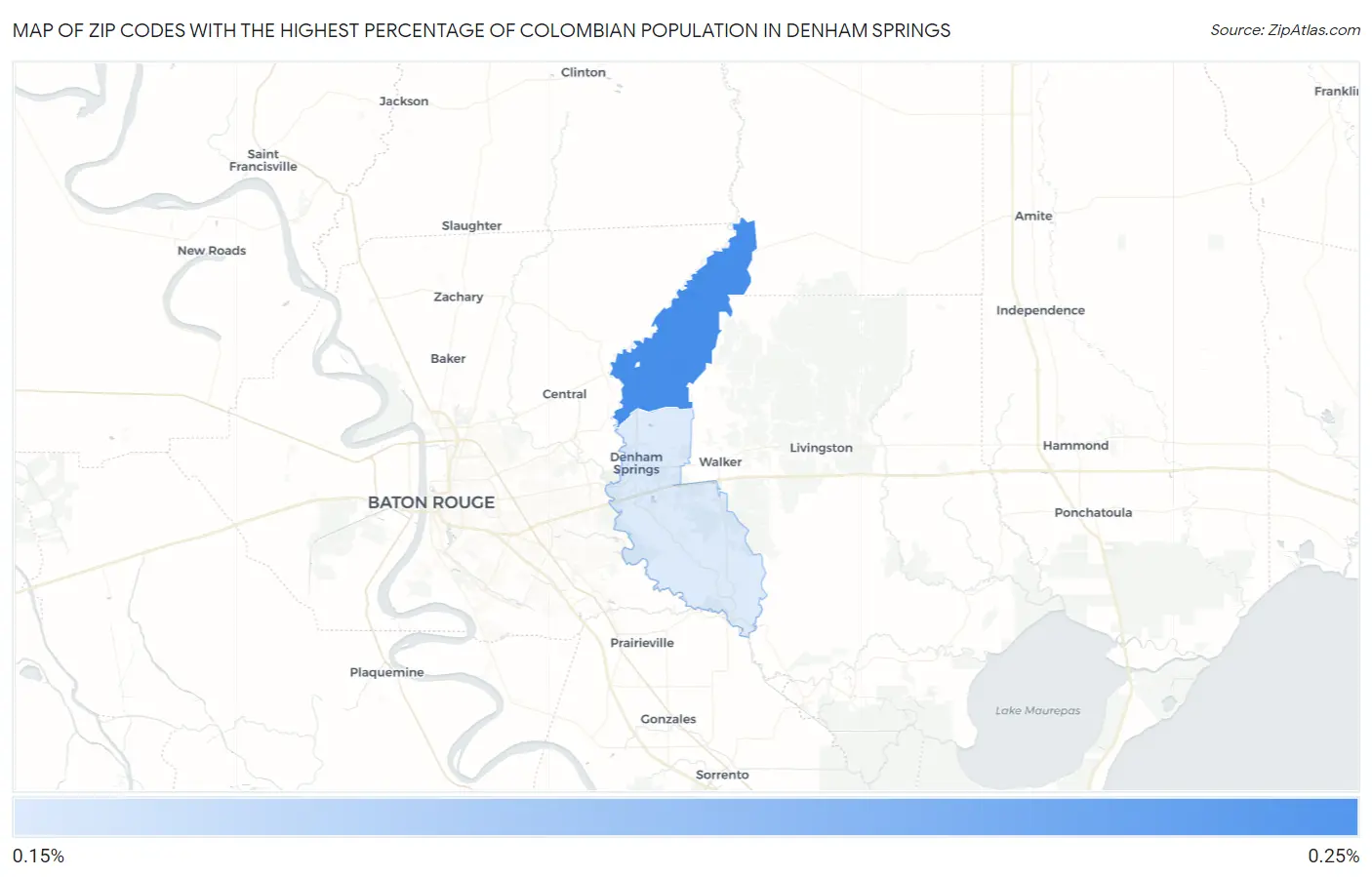 Zip Codes with the Highest Percentage of Colombian Population in Denham Springs Map
